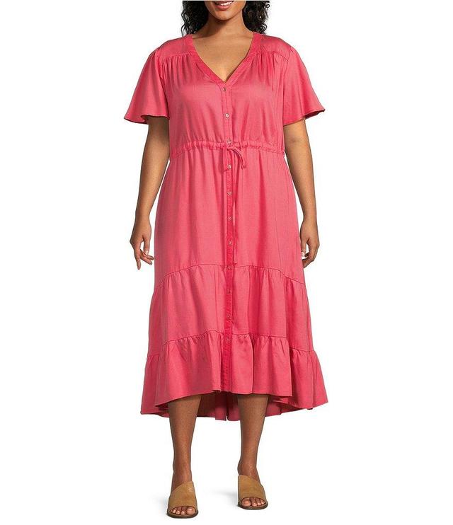 Nurture by Westbound Plus Size Button Front Short Flutter Sleeve Cinch Tie Waist Tiered Midi A-Line Dress Product Image