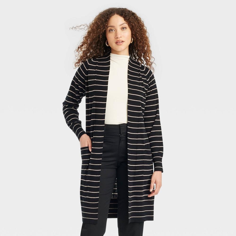 Womens Duster Cardigan - A New Day Black/Taupe Striped Product Image