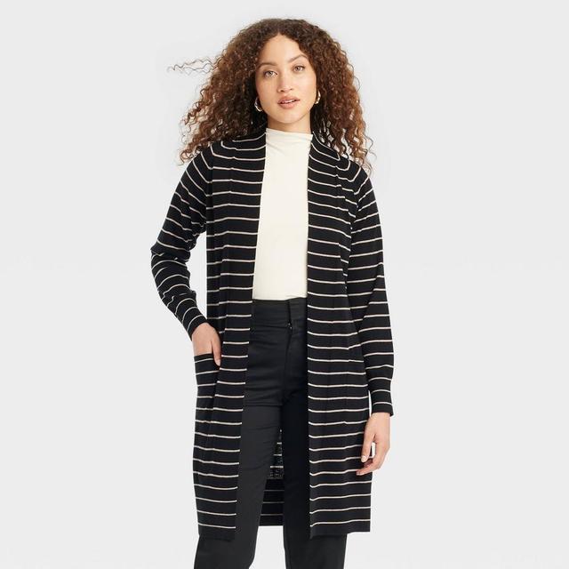 Womens Americas Duster Cardigan - A New Day Black/Taupe Striped Product Image