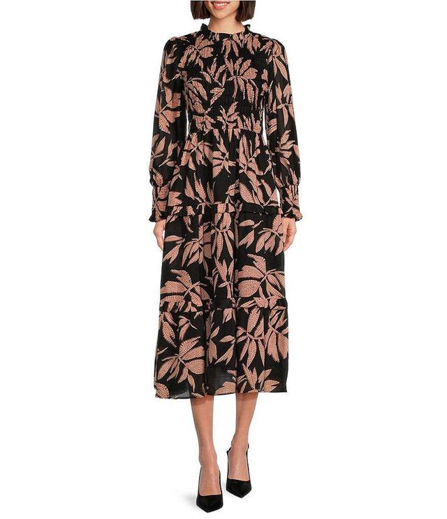 J.Marie Talia Woven Leaf Print Ruched Mock Neck Long Puff Sleeve Midi A-Line Dress Product Image