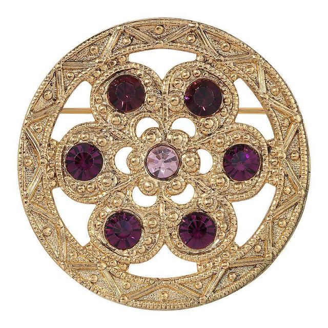 1928 Gold Tone Purple Crystal Round Flower Pin, Womens Product Image