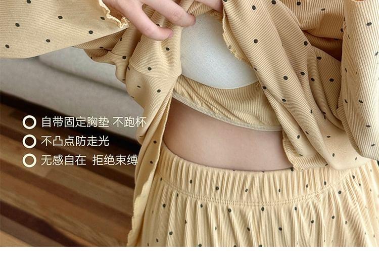 Pajama Set: Long-Sleeve Crew Neck Dotted Lettuce Edge T-Shirt + Pants Product Image