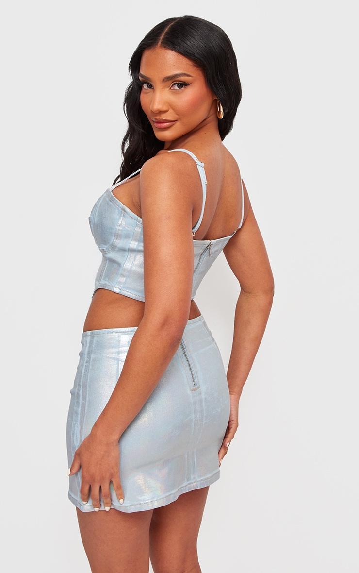 Silver Metallic Coated Denim Corset Top Product Image