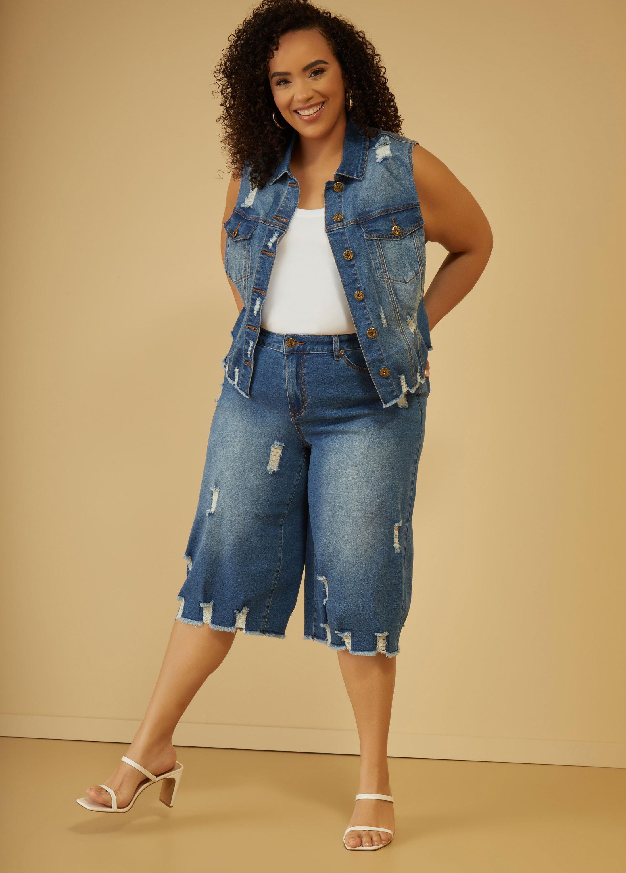 Plus Size Distressed Denim Capris Ashley Stewart Product Image