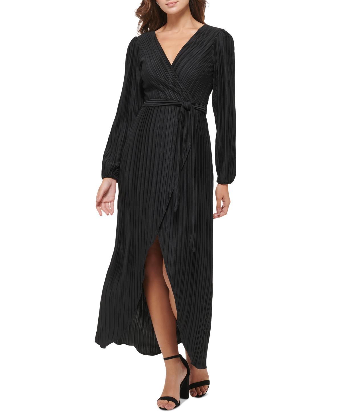 Guess Womens Pleated Woven Faux-Wrap V-Neck Maxi Dress Product Image