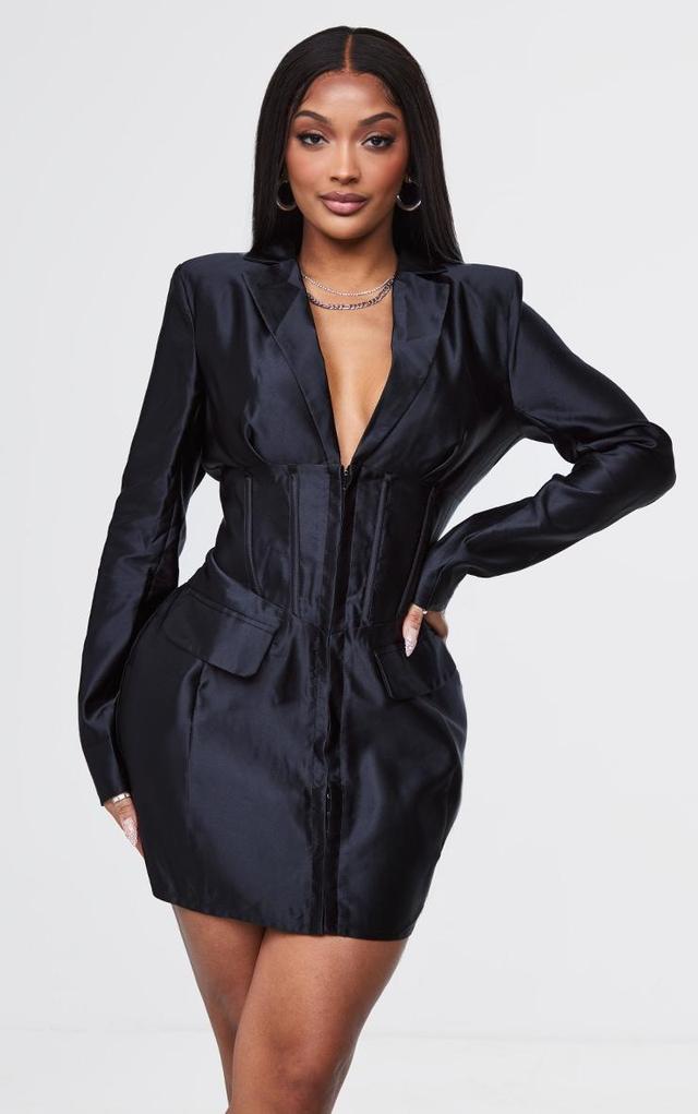 Shape Black Satin Corset Detail Blazer Dress Product Image