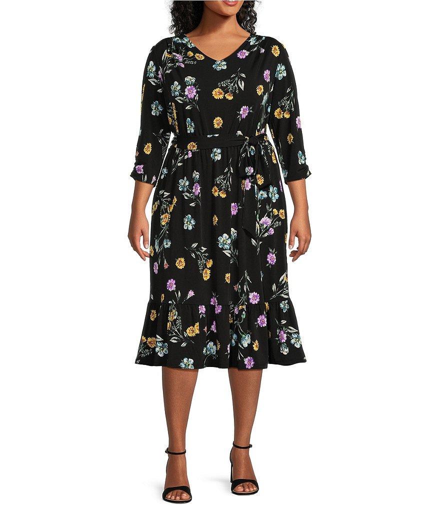 Allison Daley Plus Size Floral Print 3/4 Ruched Sleeves V-Neck Ruffle Hem A-Line Midi Dress product image