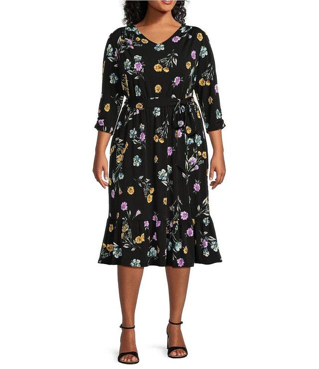 Allison Daley Plus Size Floral Print 3/4 Ruched Sleeves V-Neck Ruffle Hem A-Line Midi Dress Product Image