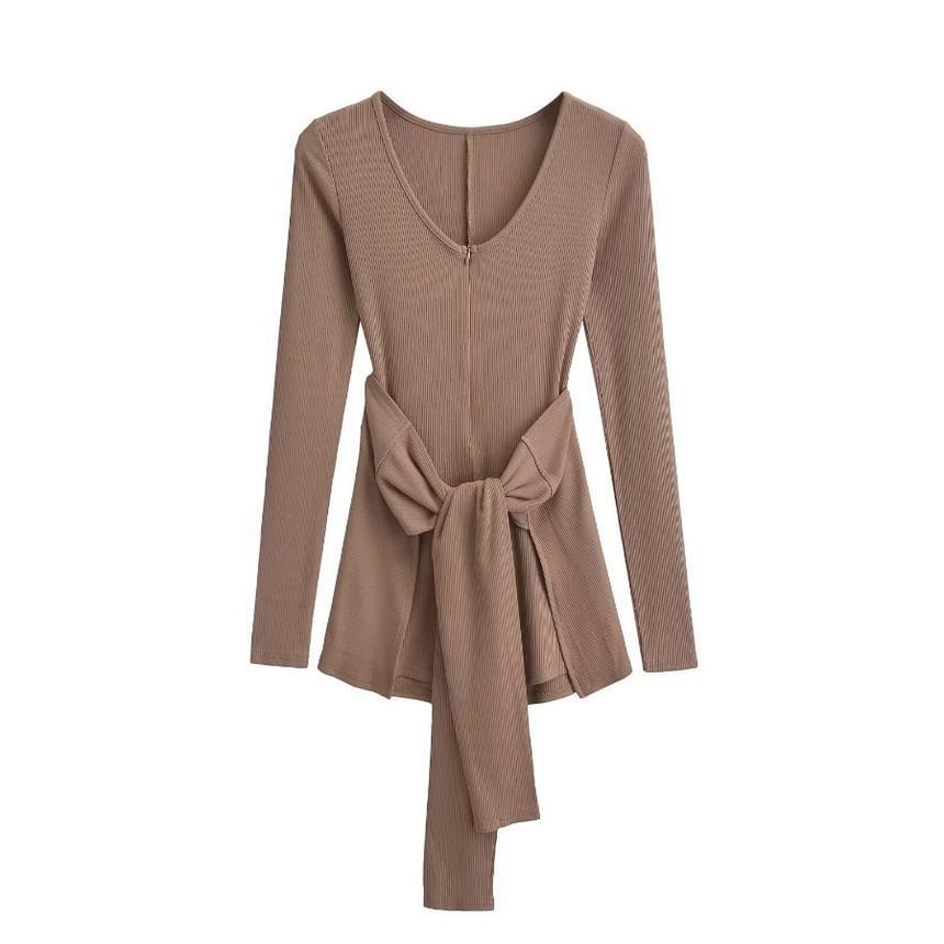 Set: Long-Sleeve V-Neck Plain Ribbed Half-Zip Romper + Mini Wrap Skirt Product Image