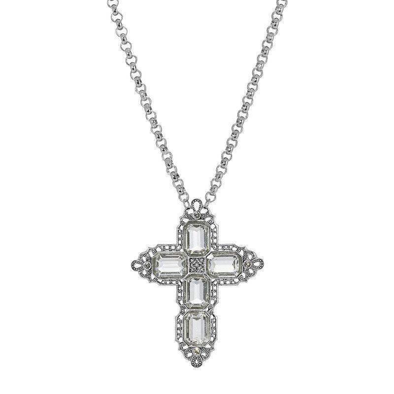 1928 Silver Tone Rectangle Simulated Crystal Cross Chain Necklace, Womens, Clear Product Image