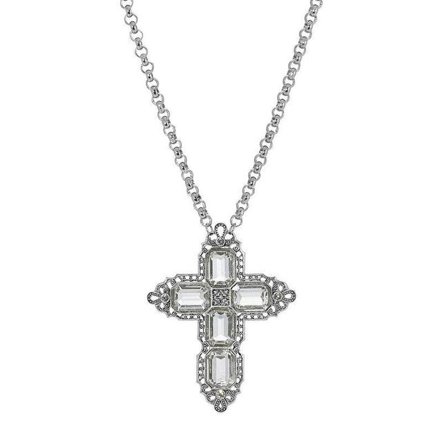 1928 Silver Tone Rectangle Simulated Crystal Cross Chain Necklace, Womens, Clear Product Image