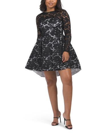 Long Sleeve Lace Mini Dress With Illusion Neckline For Women Product Image