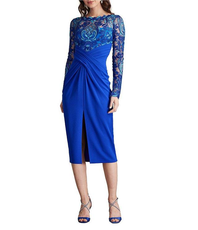 Tadashi Shoji Illusion Lace Crepe Boat Neck Long Sleeve Pleated Midi Dress Product Image