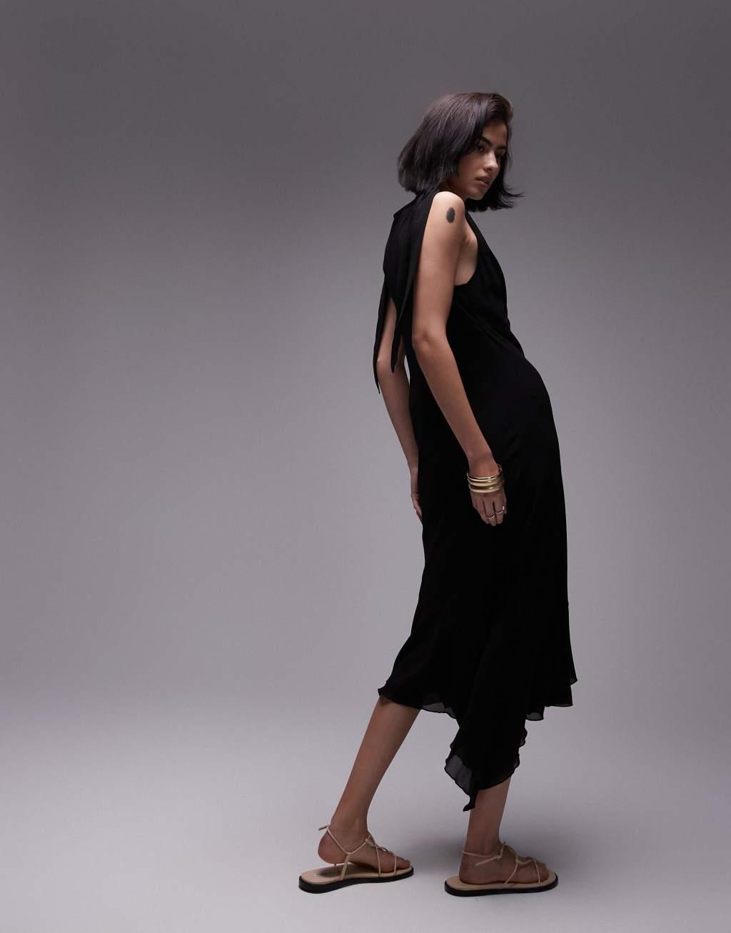 Topshop tie shoulder midi dress in black Product Image