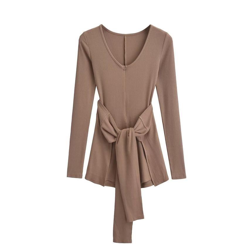 Set: Long-Sleeve V-Neck Plain Ribbed Half-Zip Romper + Mini Wrap Skirt Product Image