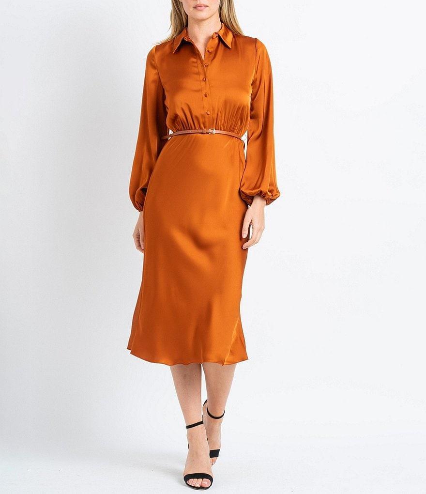 Sam Edelman Satin Button Front Collar Neck Long Sleeve Belted Midi Dress Product Image