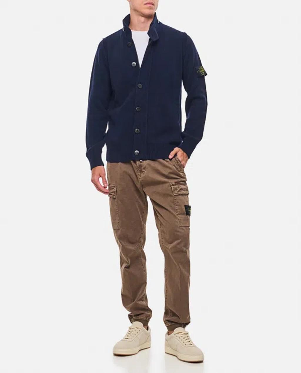 STONE ISLAND High Neck Logo Patch Ribbed Cardigan In Blue Product Image