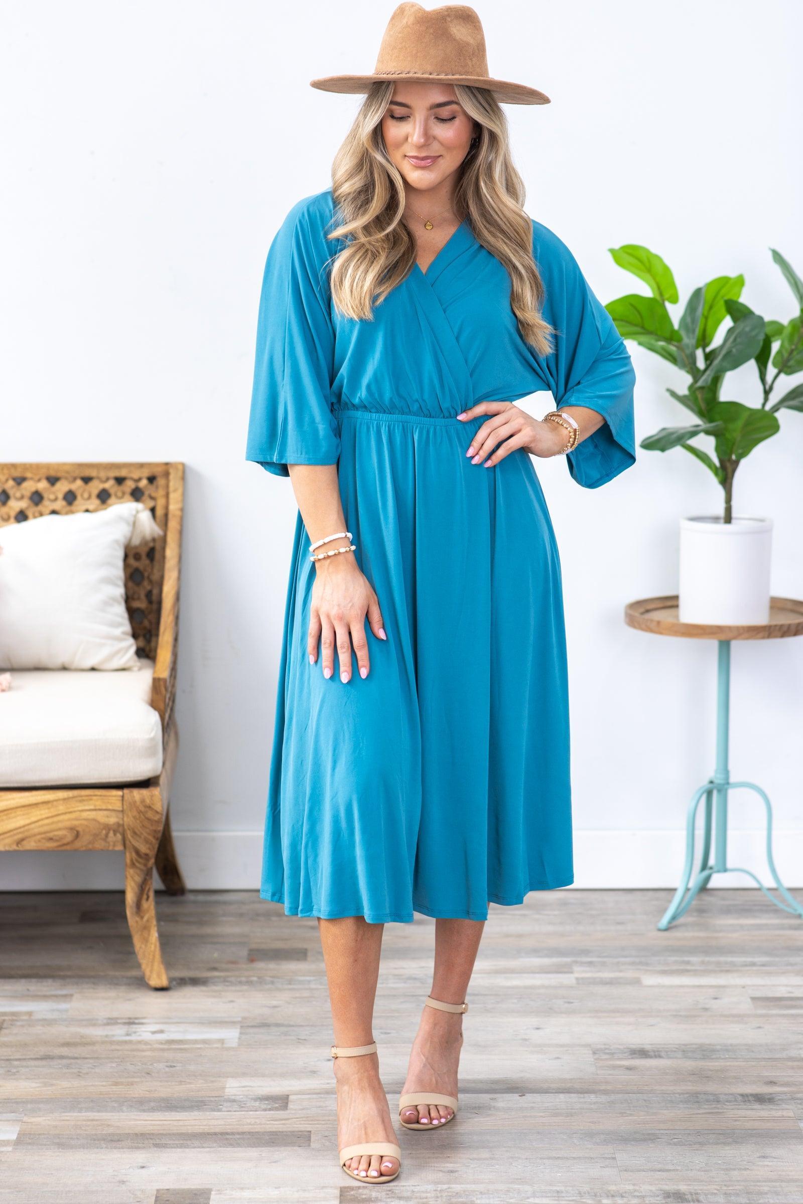 Dusty Teal Surplice Midi Dress Product Image