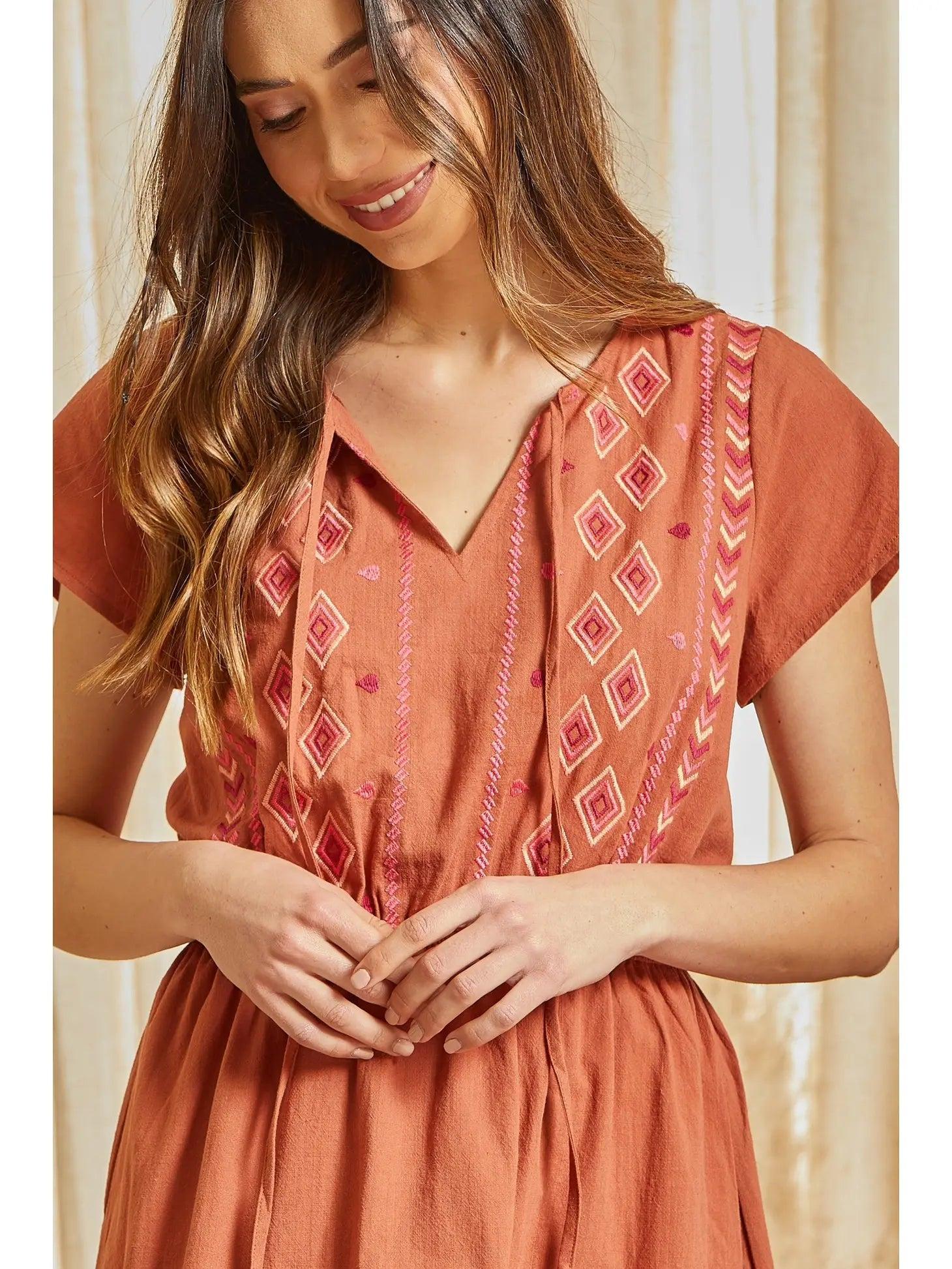 Rust Embroidered Cinched Waist Mini Dress Female Product Image