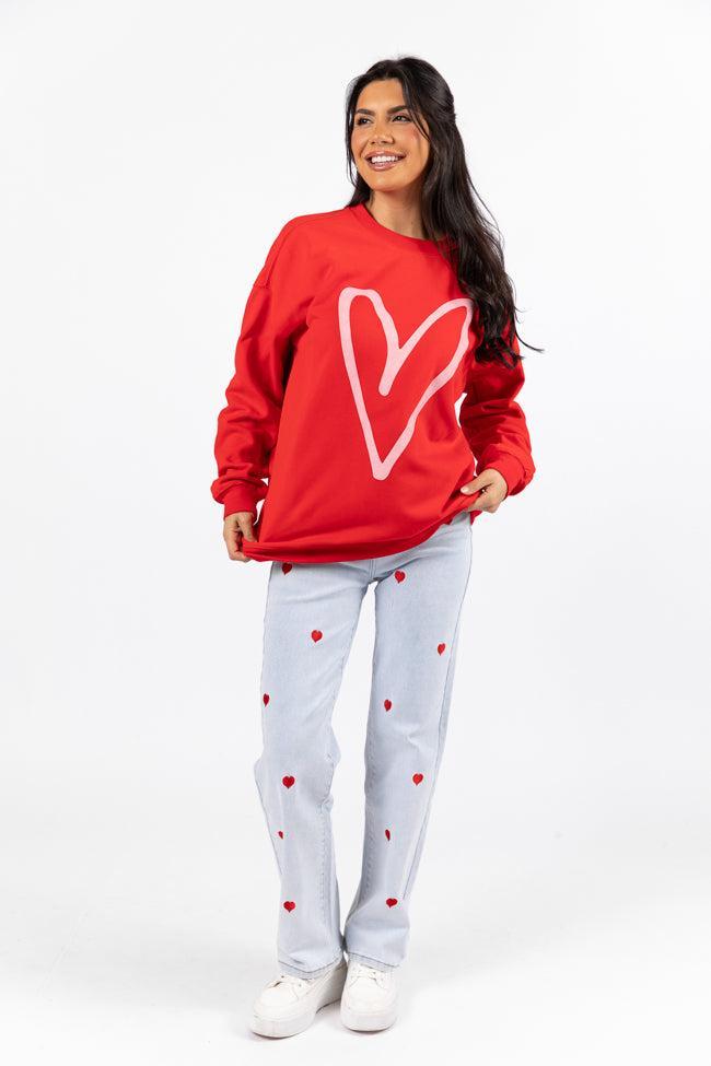 Heart Sketch Red Oversized Graphic Sweatshirt Product Image