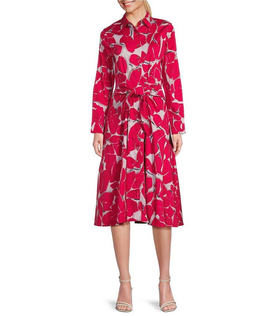 NIC + ZOE Jess Stretch Woven Petals Print Point Collar Long Sleeve Self Tie Belted Shirt Dress Product Image