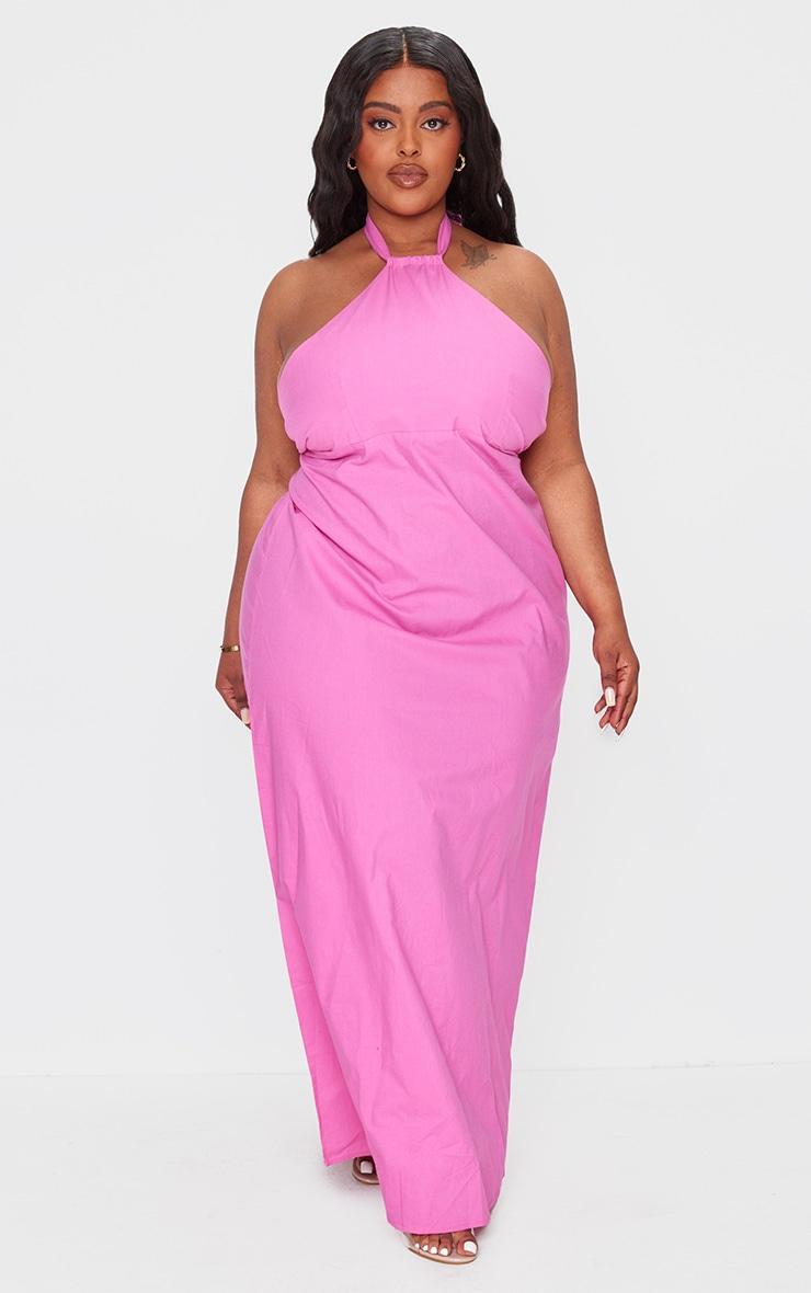 Plus Fuchsia Linen Look Knot Halterneck Maxi Dress Product Image