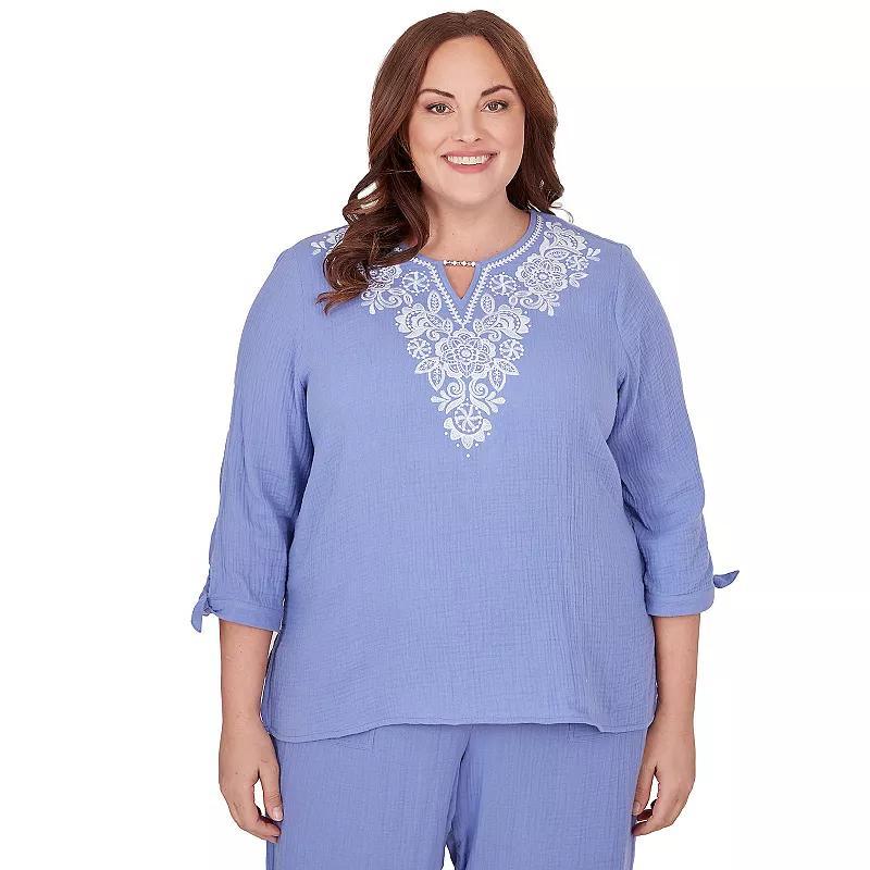 Plus Size Alfred Dunner Lacey Embroidered 3/4 Tie Sleeve Top, Womens Purple Product Image