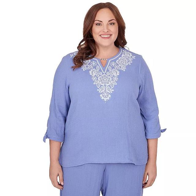 Plus Size Alfred Dunner Lacey Embroidered 3/4 Tie Sleeve Top, Womens Product Image