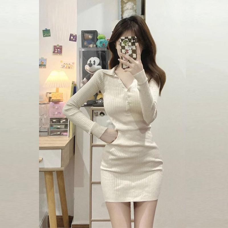 Long-Sleeve Collared Plain Mini Bodycon Knit Dress Product Image