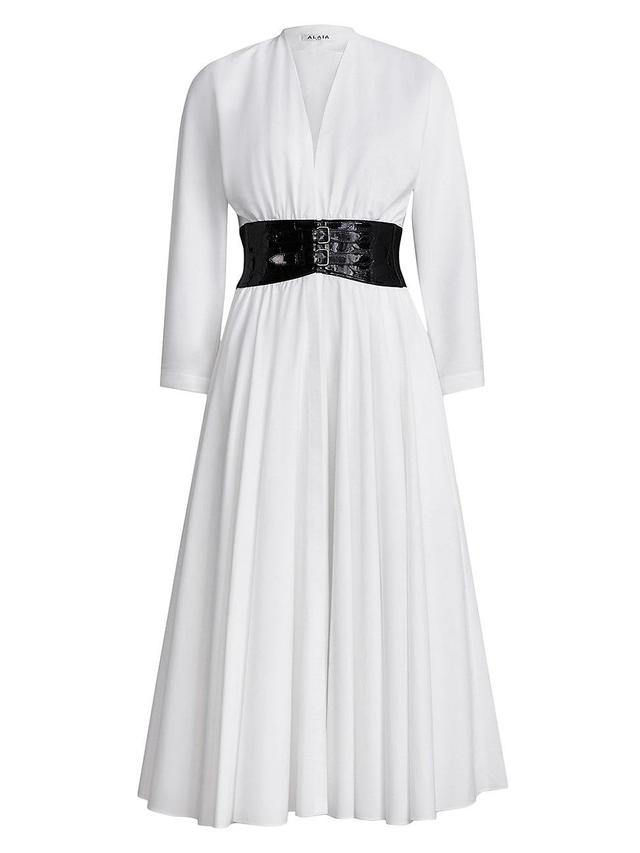 Womens Belted Long-Sleeve Cotton Midi-Dress Product Image