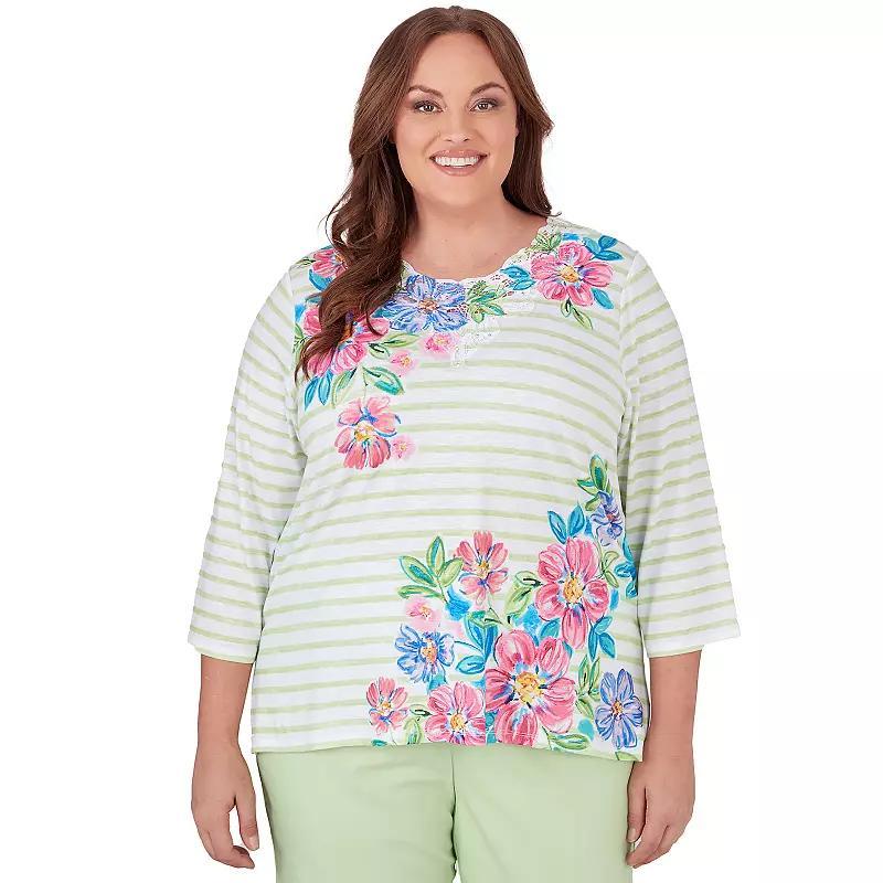 Plus Size Alfred Dunner Asymmetrical Stripe Floral Top, Womens Product Image