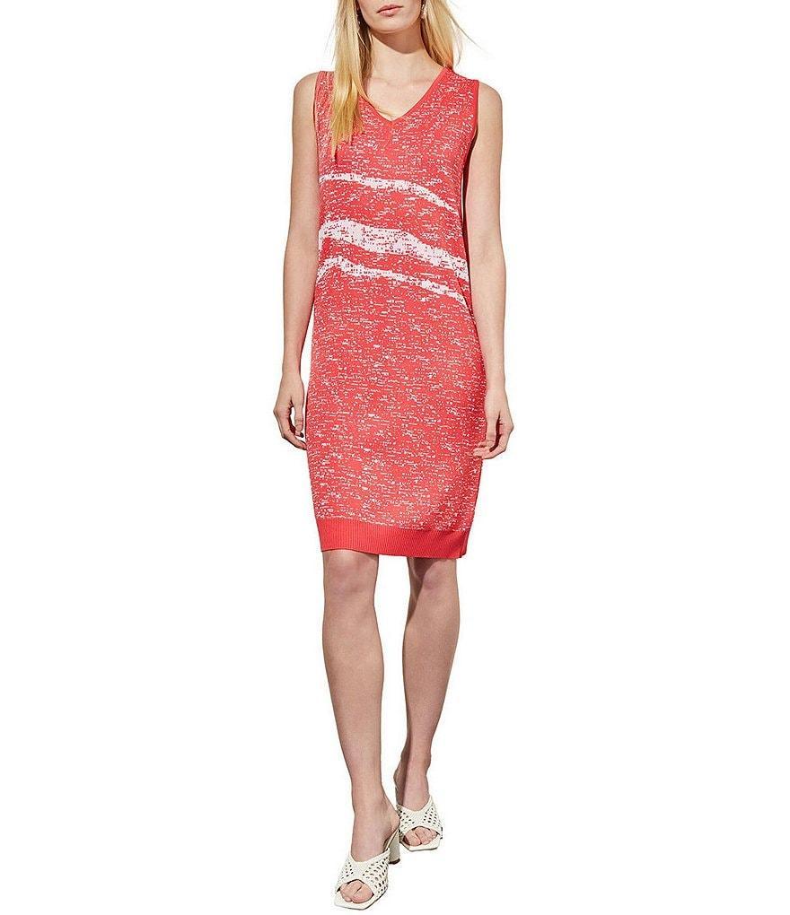 Ming Wang Knit Abstract Print V-Neck Sleeveless Sheath Dress Product Image