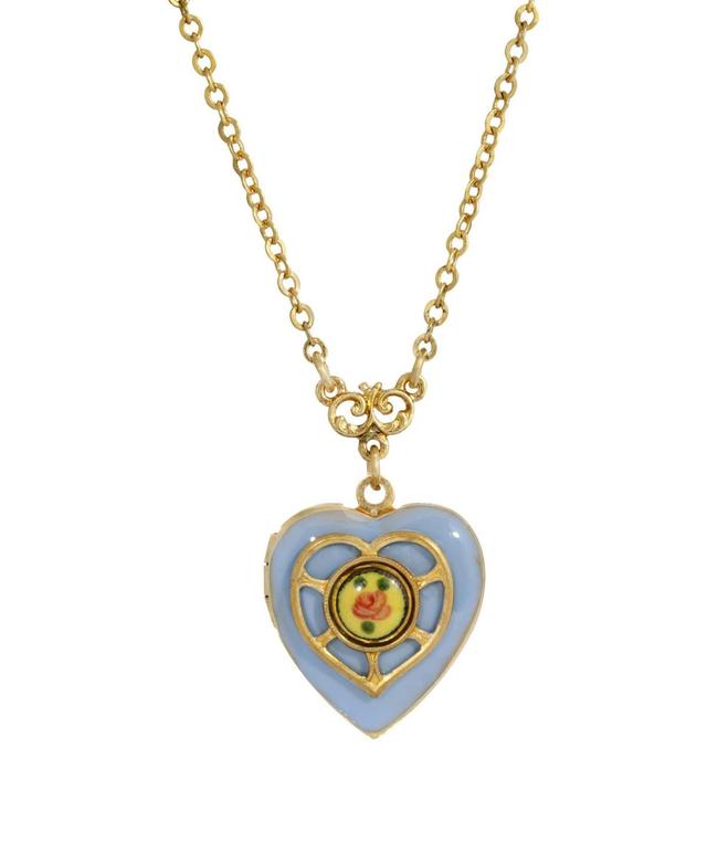 1928 Gold Tone Enamel Floral Heart Locket Necklace, Womens, Blue Product Image