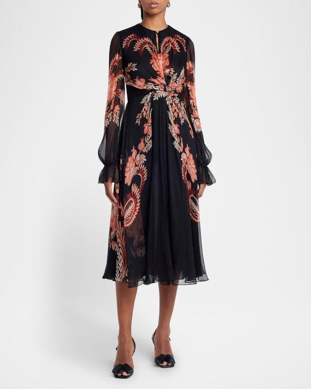 Floral Silk Chiffon Long-Sleeved Midi Dress Product Image