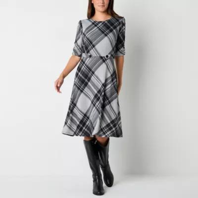 R & K Originals Womens 3/4 Sleeve Plaid Fit + Flare Dress Product Image