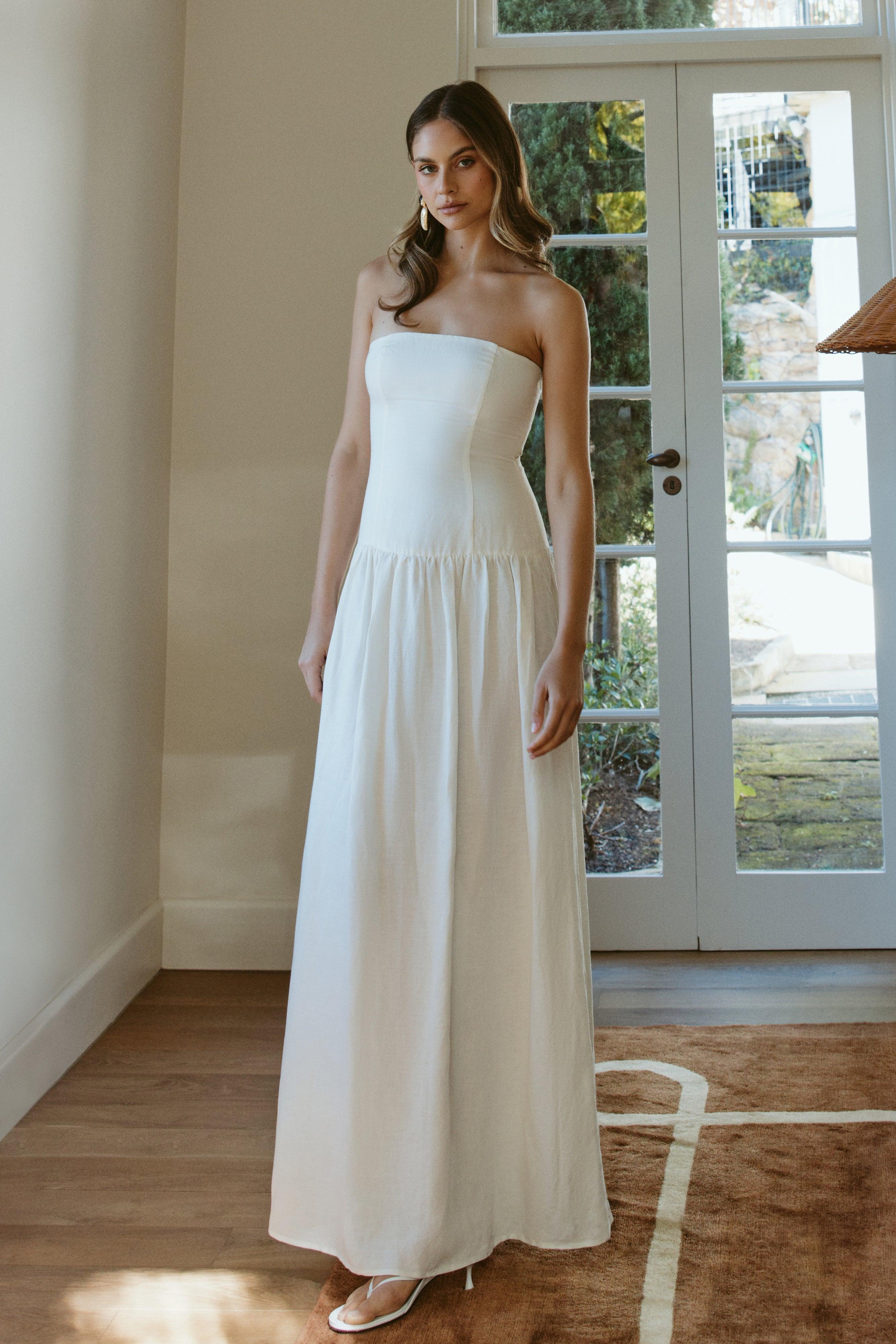 Audrina Strapless Linen Maxi Dress - White Product Image