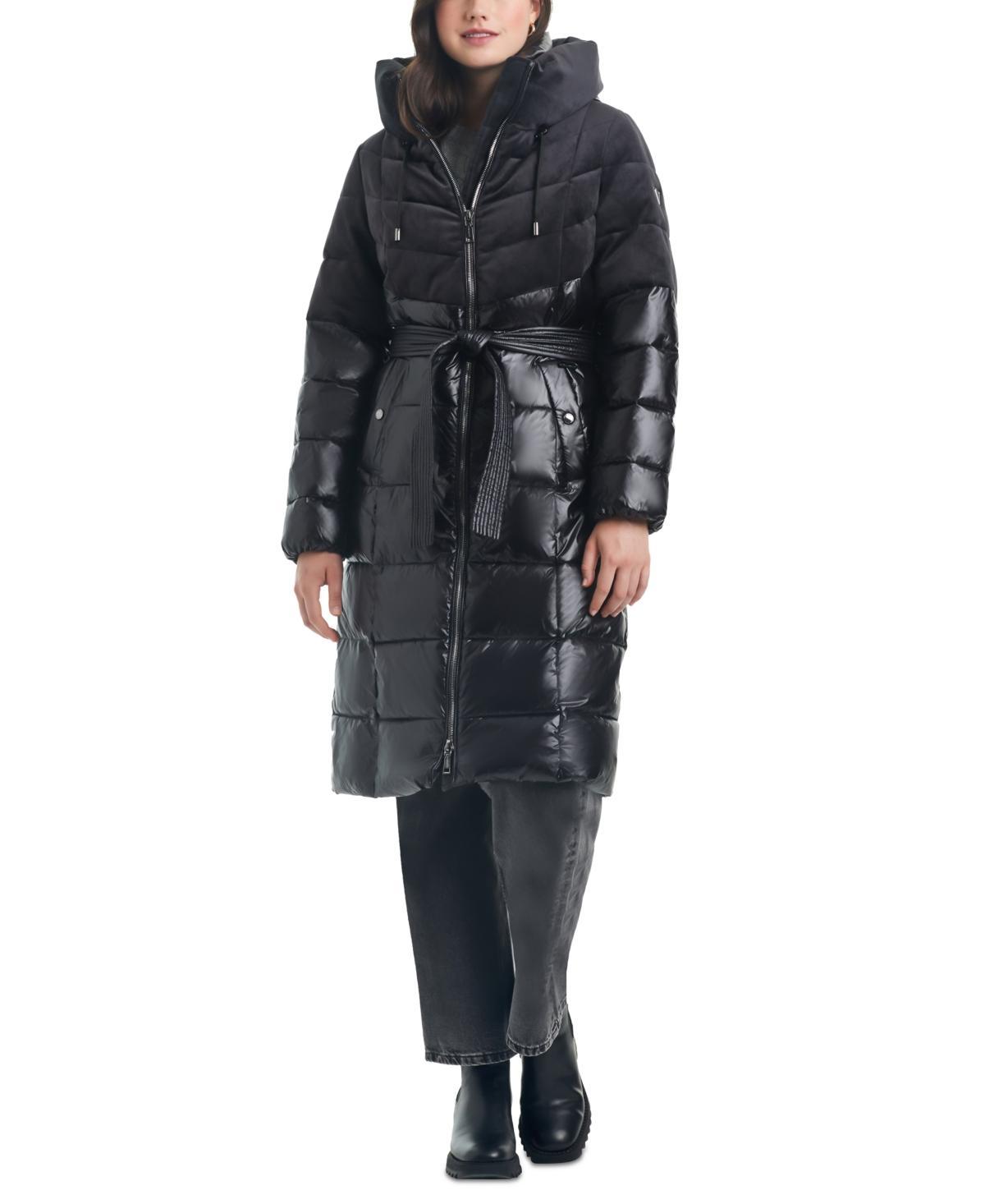 Vince Camuto Womens Velvet Mix Belted Hooded Puffer Coat Product Image