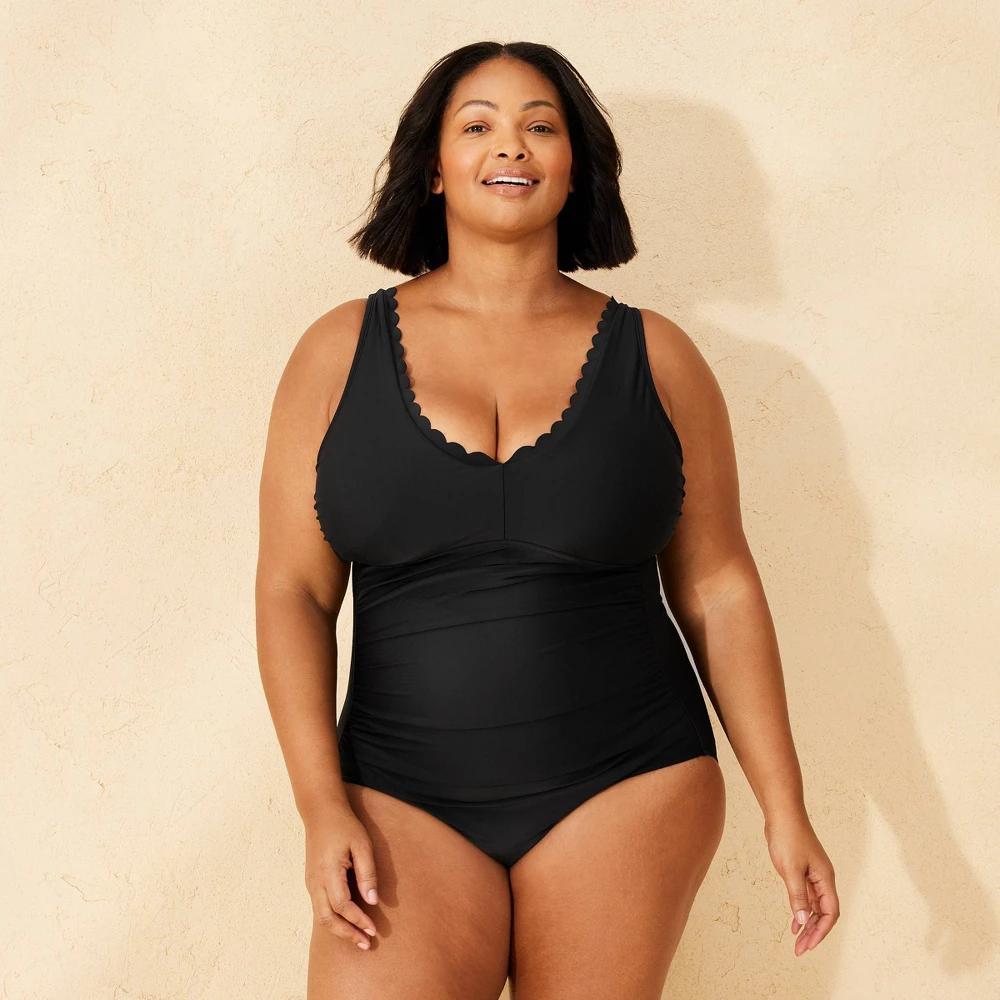 Womens Shirred Scoop Neck Full Coverage One Piece Swimsuit - Shade & Shore Black 16 Product Image