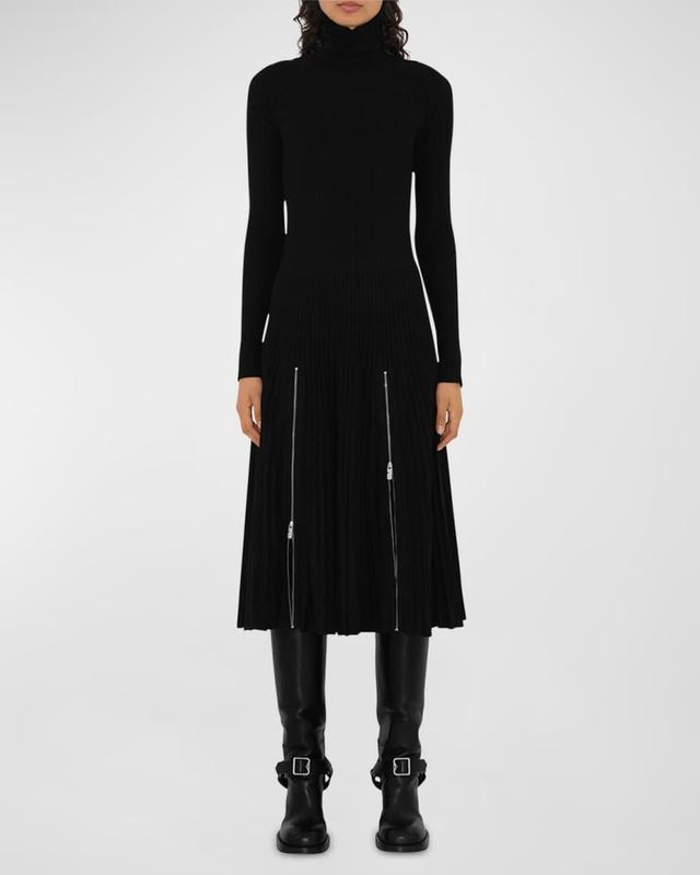 Turtleneck Pleated Rib Zipper Midi Dress Product Image