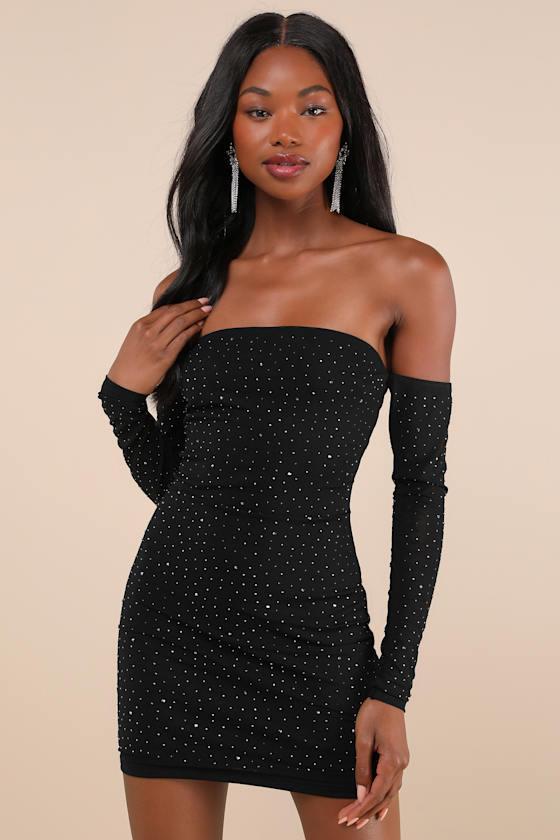 Magnetic Glam Black Mesh Rhinestone Off-the-Shoulder Mini Dress Product Image