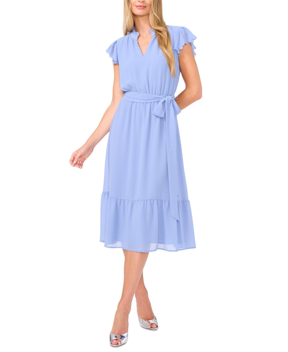 CeCe Womens Scallop-Ruffle Tie-Waist Midi Dress Product Image