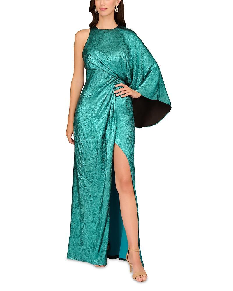 Aidan Mattox Foiled Metallic Chiffon One Shoulder Drape Back Gown Product Image