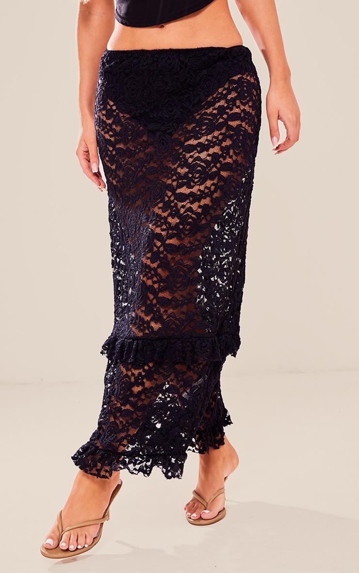 Black Lace Frill Trim Midi Skirt Product Image