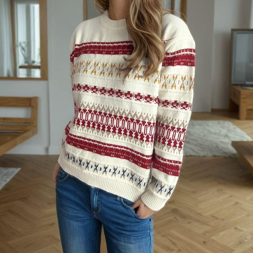 Crew Neck Pattern Jacquard Sweater Product Image