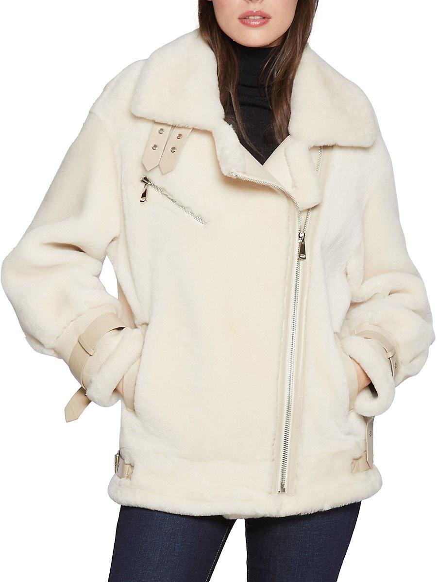 Blue Duck Womens Shearling Biker Jacket - Beige Product Image