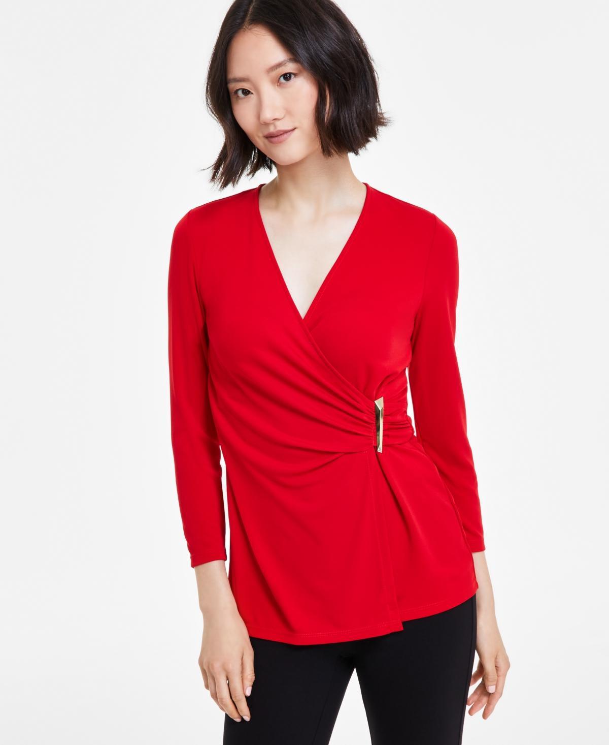 Anne Klein Womens Hardware-Trim Side-Ruched Knit Top Product Image