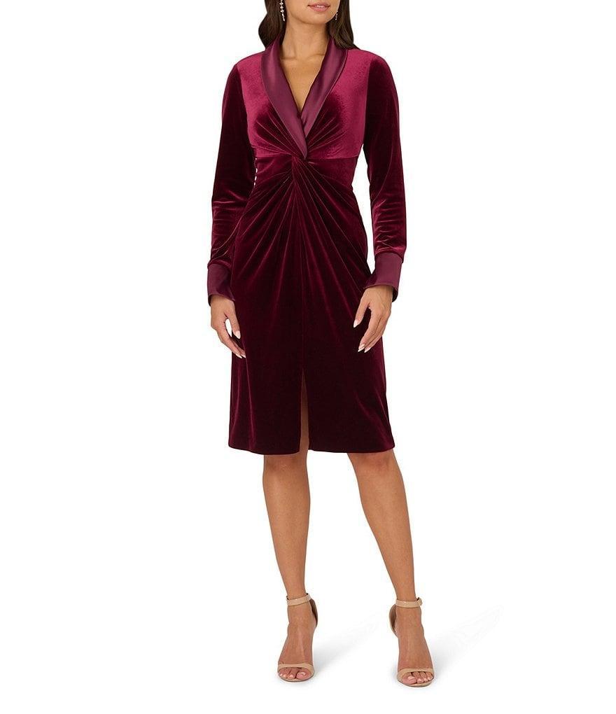 Adrianna Papell Velvet V-Neck Lapel Long Cuff Sleeve Twist Front Tuxedo Dress Product Image