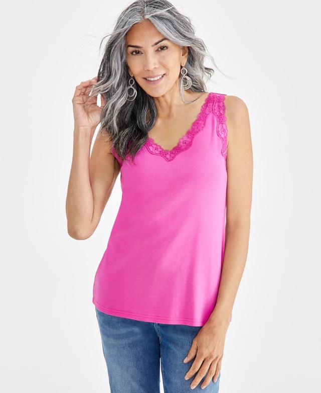 Women's Lace-Trim Cotton Tank Top, Created for Macy's Product Image