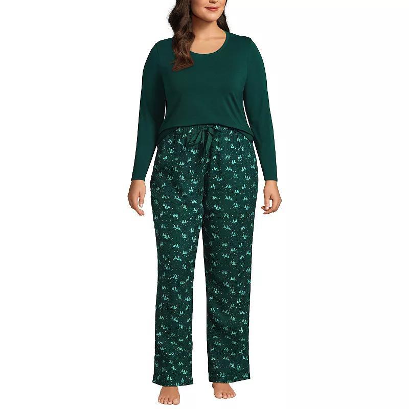 Plus Size Lands End Knit Long Sleeve Pajama Top & Flannel Pajama Pants Sleep Set, Womens Product Image