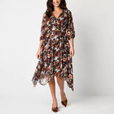 Danny & Nicole Womens 3/4 Sleeve Floral Midi Fit + Flare Dress Product Image